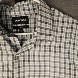 Bonobos Slim Fit Grey Teal White Plaid Performance Button Down Shirt  L